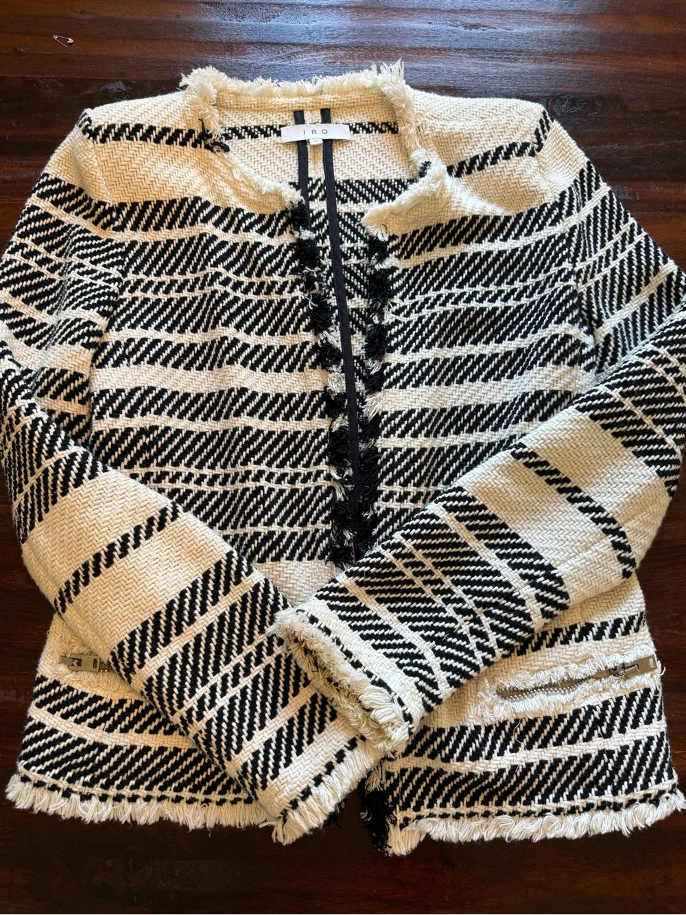 IRO Black and Cream Striped Fringe Open-Front Cardigan